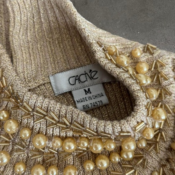 Cache Gold Knit Top with Beaded Detail - Picture 4 of 5